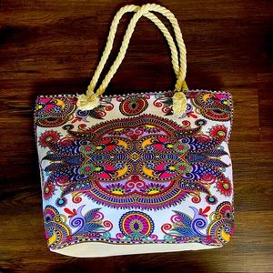 Large Multicolor Canvas Mixed Print Tote/Beach Bag/Shopping Bag w/ Rope Handles